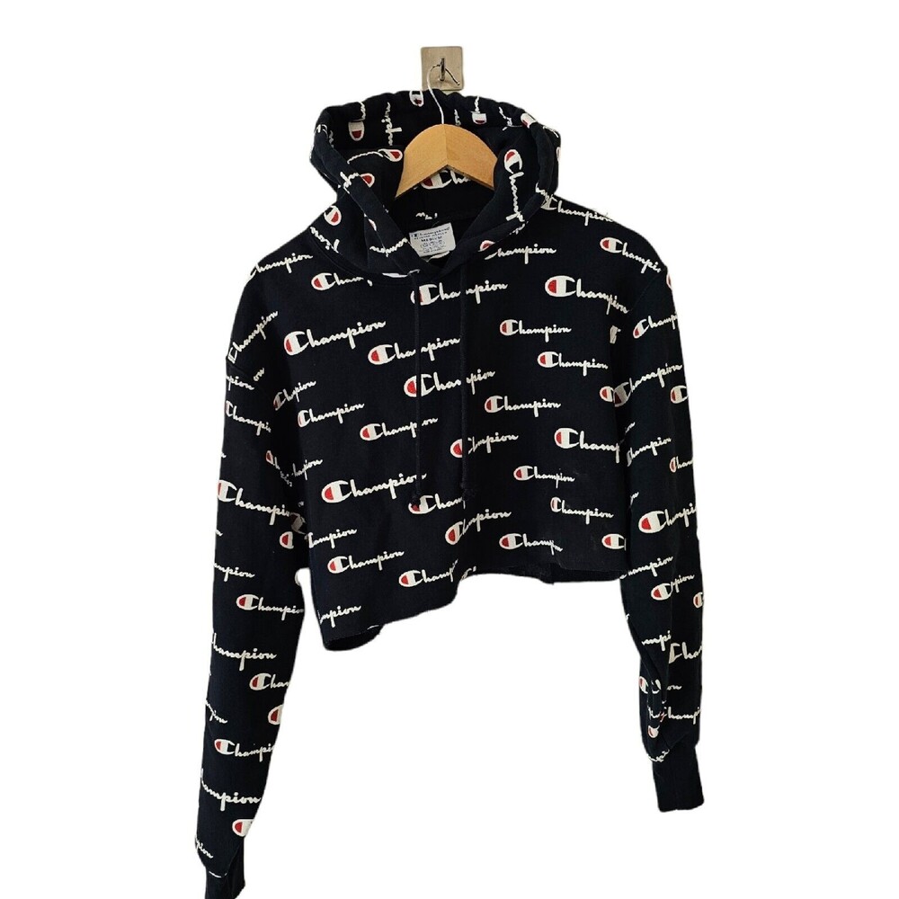 Champion Monogram Logo Print Reverse Weave Pullover Crop Hoodie Womens Medium